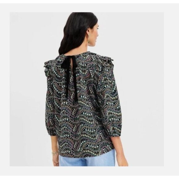 Loft Floral Blouse Size Large Petite Ruffle Shoulder Tie Back Prairie Boho Dark - Picture 7 of 7